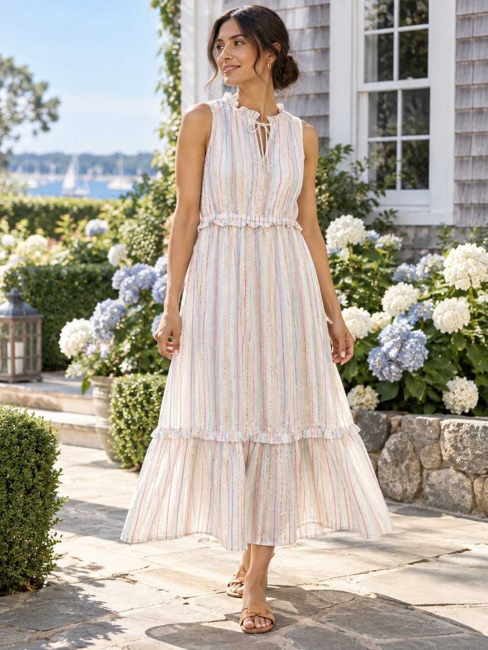 J.Crew Shimmer Tie-Front Midi Dress 6 Metallic Rainbow Stripe Cotton BY526